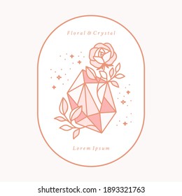 Collection Of Hand Drawn Magical Elements With Crystal, Flower, Stars, Leaf Branch For Feminine Icon, Beauty Logo, Emblem, And Other Purposes