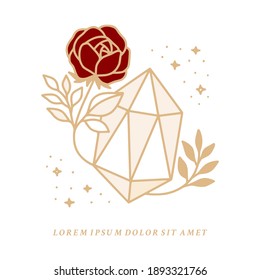 Collection of hand drawn magical elements with crystal, flower, stars, leaf branch for feminine icon, beauty logo, emblem, and other purposes