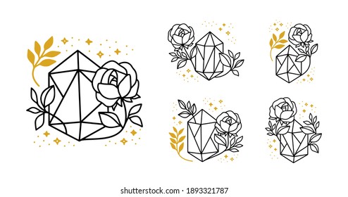 Collection of hand drawn magical elements with crystal, flower, stars, leaf branch for feminine icon, beauty logo, emblem, and other purposes