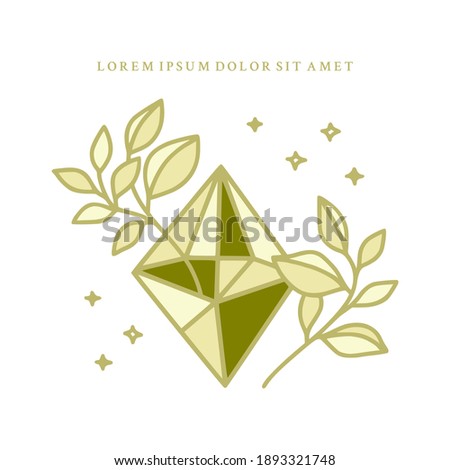 Collection of hand drawn magical elements with crystal, flower, stars, leaf branch for feminine icon, beauty logo, emblem, and other purposes