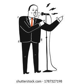 Collection of hand drawn a man in black suit speaking the speech on the microphone.Vector illustrations in sketch doodle style.