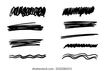 Coleção de traços de marcador desenhados à mão para tachado e sublinhado. Várias linhas de rabisco e traçados de pincel. Gráfico vetorial