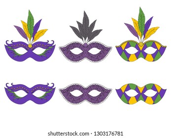Collection of hand drawn masks. Isolated on white. Mardi gras. Vector illustration.