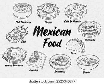 Colección de la Ilustración vectorial de comida mexicana dibujada a mano