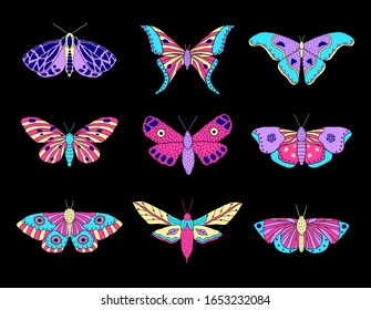 Collection of hand drawn moths and butterflies in doodle style on black background
