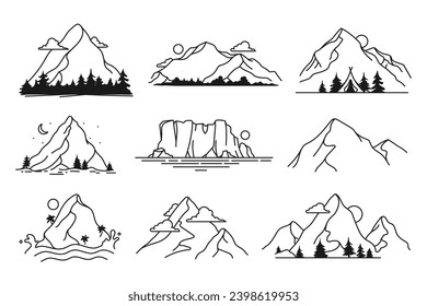 Kollektion von handgezeichneten Bergbahnen. Berglandschaft im Kunststil. Hügel, Eisberge, Felsen und hohe Gipfel. Element für Ihr Design. Vektorgrafik