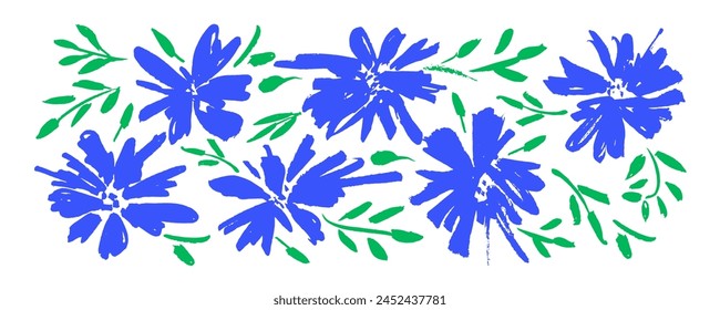 Collection of hand drawn multi colored aster or chrysanthemum . Vector set of beautiful silhouettes flowers .  Botanical graphic pattern  hand drawn brush stroke . Trendy colored botanical print.