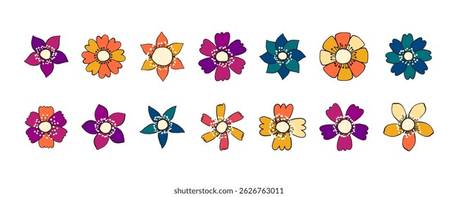 Collection of Hand Drawn Multicolored Head Flowers. Doodle quirky summer and spring plants. Feminine set of plants perfect for fashion, clothing, cards, invitations, wrapping paper