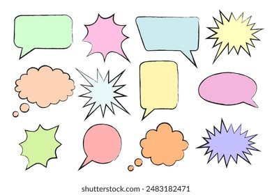 Collection of hand drawn multicolored speech bubbles doodle set of design elements. Vector illustration.