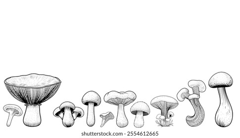 Collection of hand drawn mushroom illustrations. For botanical designs, educational materials, packaging, and nature projects. 