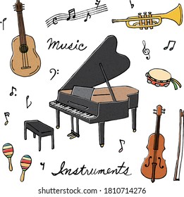 Collection of hand drawn music instruments