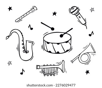 Collection hand drawn musical instruments in doodles style