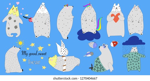 Collection hand drawn. My bear. Blue background. Vector