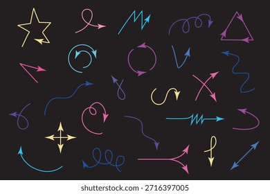 Collection of Hand Drawn Neon Arrows and Directional Doodles on Dark Background with Creative and Dynamic Style