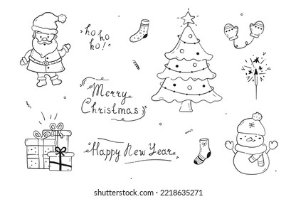 Collection of hand drawn New Year elements and lettering. Cute doodles set of santa, Christmas tree, snowman, sparkler, gift boxes, socks and mittens. Vector illustration