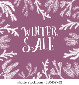 Collection of hand drawn new year tree branches. Vector Illustration. White christmas pine branches on dark background. WINTER SALE sing. Banner for shops.