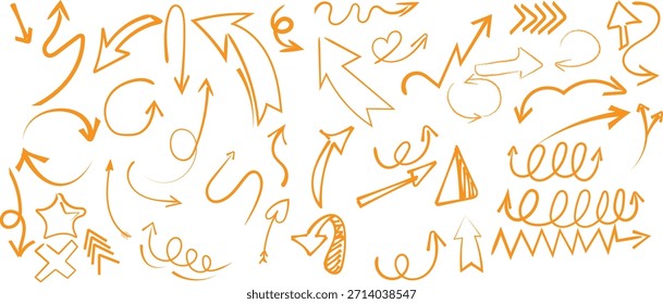 Collection of hand drawn orange arrows and doodle elements scattered across a bright white background for design.
