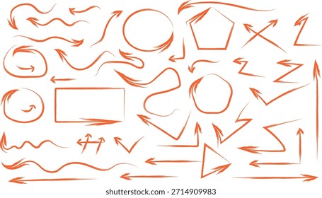 Collection of Hand Drawn Orange Arrows and Shapes direction