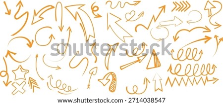 Collection of hand drawn orange arrows and doodle elements scattered across a bright white background for design.