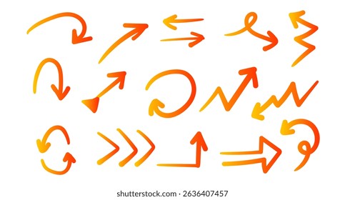 Collection of hand drawn orange gradient arrows in various styles, perfect for enhancing business infographics, flowcharts, presentations, and visual storytelling