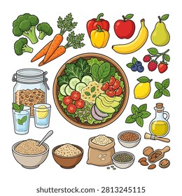 A collection of hand drawn organic healthy food including salad bowl vegetables fruits grains nuts seeds and cooking oil isolated on white background
