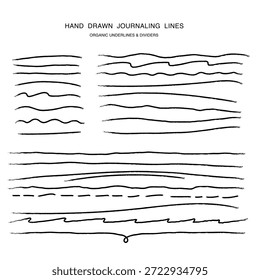 Sammlung von handgezeichneten organischen Linien und Trennlinien in schwarzer Tinte, ideal für Journale, Planer, Schreibwarendesign, Layouts und minimalistische grafische Akzente.
