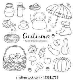 Collection of hand drawn outline autumn items isolated on white background with lettering.