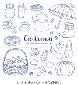Collection of hand drawn outline autumn items isolated on graph paper background with lettering.