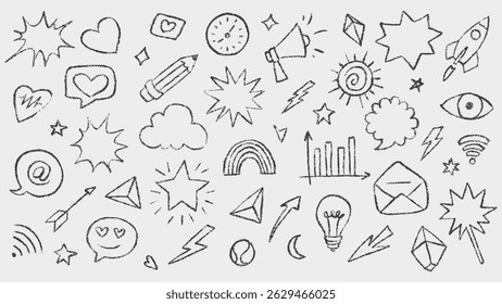 Collection of Hand Drawn Outline Doodles Including Various Symbols and Icons