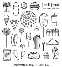 Collection of hand drawn outline fast food meals including pizza, burger, ice cream, cake, hot dog, chicken, taco, cotton candy, lemonade, chips, fries, sandwich, donut isolated on white background.