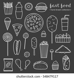 Collection of hand drawn outline fast food meals including pizza, burger, ice cream, cake, hot dog, chicken, taco, cotton candy, lemonade, chips, fries, sandwich, donut isolated on the blackboard.