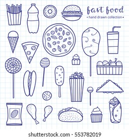 Collection of hand drawn outline fast food meals including pizza, burger, ice cream, cake, hot dog, chicken, taco, cotton candy, lemonade, chips, fries, sandwich, donut isolated on graph paper.