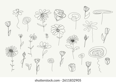 Collection of hand drawn outline garden flowers. One line art design. Beautiful blooming elegant set of drawing floral elements isolated on gray background