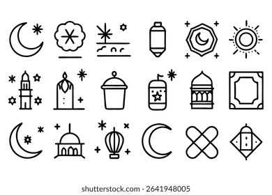 A collection of hand drawn outline icons depicting islamic themes and cultural symbols in a simple style