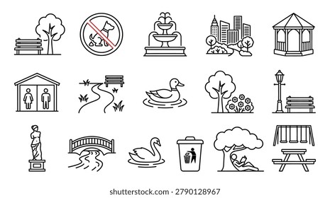 Collection of hand drawn outline icons depicting park amenities, city landmarks, and outdoor recreational elements.