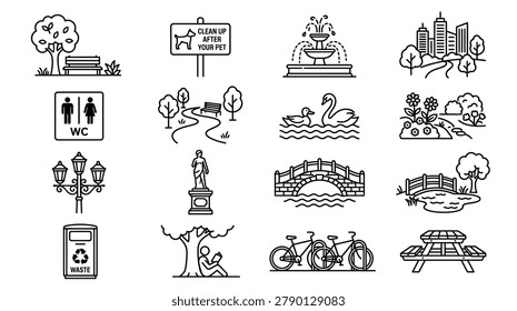 A collection of hand drawn outline icons representing various features and amenities found in a public city park.