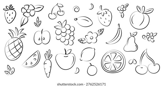 Collection of hand drawn outline illustrations features various fresh healthy food items including fruits and vegetables arranged in a simple black ink sketch.