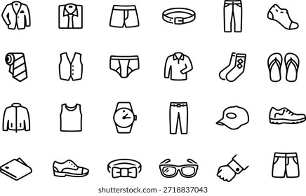 Coleção de Contorno desenhado à Mão Representando Roupas Masculinas e Acessórios para o Roupeiro Essentials Palavras-chave masculino