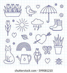 Collection of hand drawn outline spring items including sun, cloud, umbrella, boots, flowers, cat, bird, butterfly, ladybug and rainbow isolated on graph paper background.