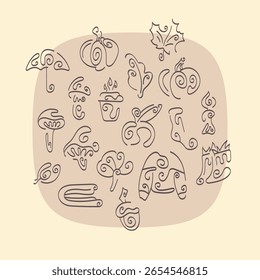 Colección de Ilustraciones vectoriales de contorno dibujadas a mano sobre el tema de la lluvia de otoño. Incluye Elementos de temporada acogedores como hojas que caen, paraguas, suéter caliente, champiñones, botas y manzanas. Perfecto