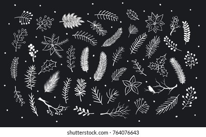 Collection Of Hand Drawn Outlined And Silhouettes Winter Foliage, Branches Twigs, Flowers In White Color Over Black Background