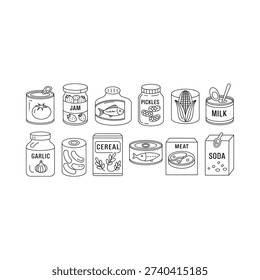 Collection of hand drawn pantry staples including canned goods and preserves