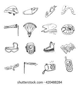 Collection of hand drawn paragliding gear. Set of paragliding doodles.