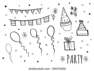 Collection of hand drawn party cards and invitations. Set of Trendy Posters with hand drawn Background. Modern design for Invitation. Hand Drawn Elements for Placards, Flyer