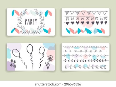 Collection of hand drawn party cards and invitations. Set of Trendy Posters with hand drawn Background. Modern design for Invitation. Hand Drawn Elements for Placards, Flyer