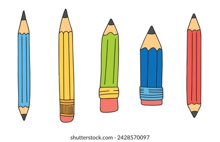 Collection of hand drawn pencil colored outline. Set of pencil in doodle style. Hand drawn vector art.