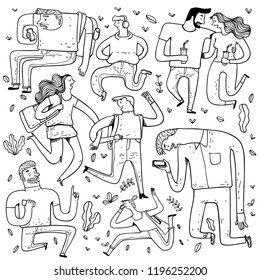 Collection of hand drawn people on the park. Vector illustrations in sketch doodle style.