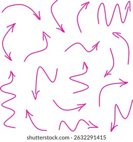 Coleção de setas rosa desenhadas à mão em vários estilos curvos, ondulados e ziguezague no fundo branco. Ideal para designs criativos, infográficos, apresentações, landing pages.