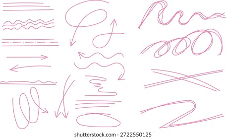 Eine Kollektion von handgezeichneten rosa Doodle-Elementen mit verschiedenen Pfeilen unterstreicht die Ritzschleifen und Richtungsmarkierungen für das Design.