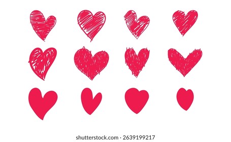 Collection of hand drawn pink scribble hearts. love signs for valentine day. set of unique hand drawn hearts. doodle of heart set for valentine's day